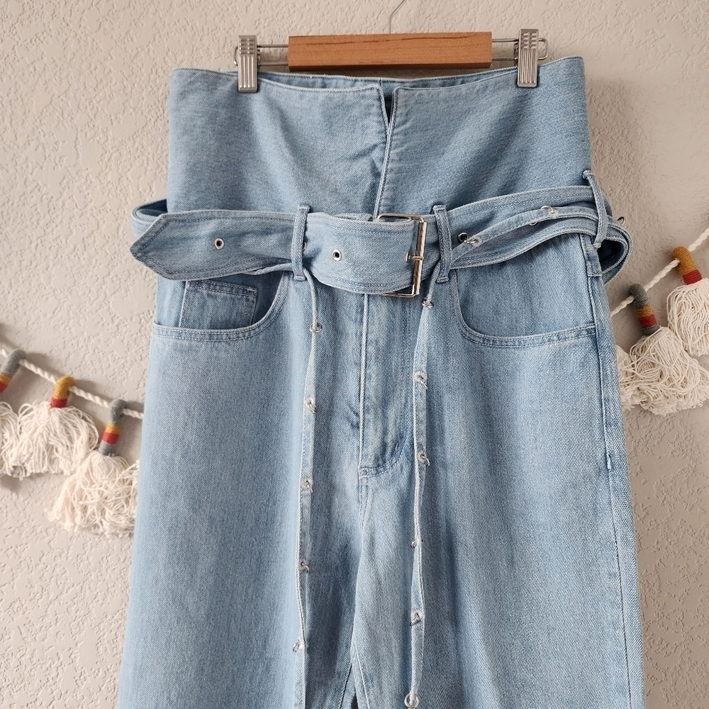 Marques Almeida Blue Denim Crossover Belted Buckle Jeans Designer Grunge Boho 6 — image 6 of 8
